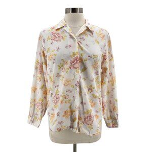 Vintage L.L. Bean Linen Floral Multicolor Long Sleeve Button Shirt Top Womens 12